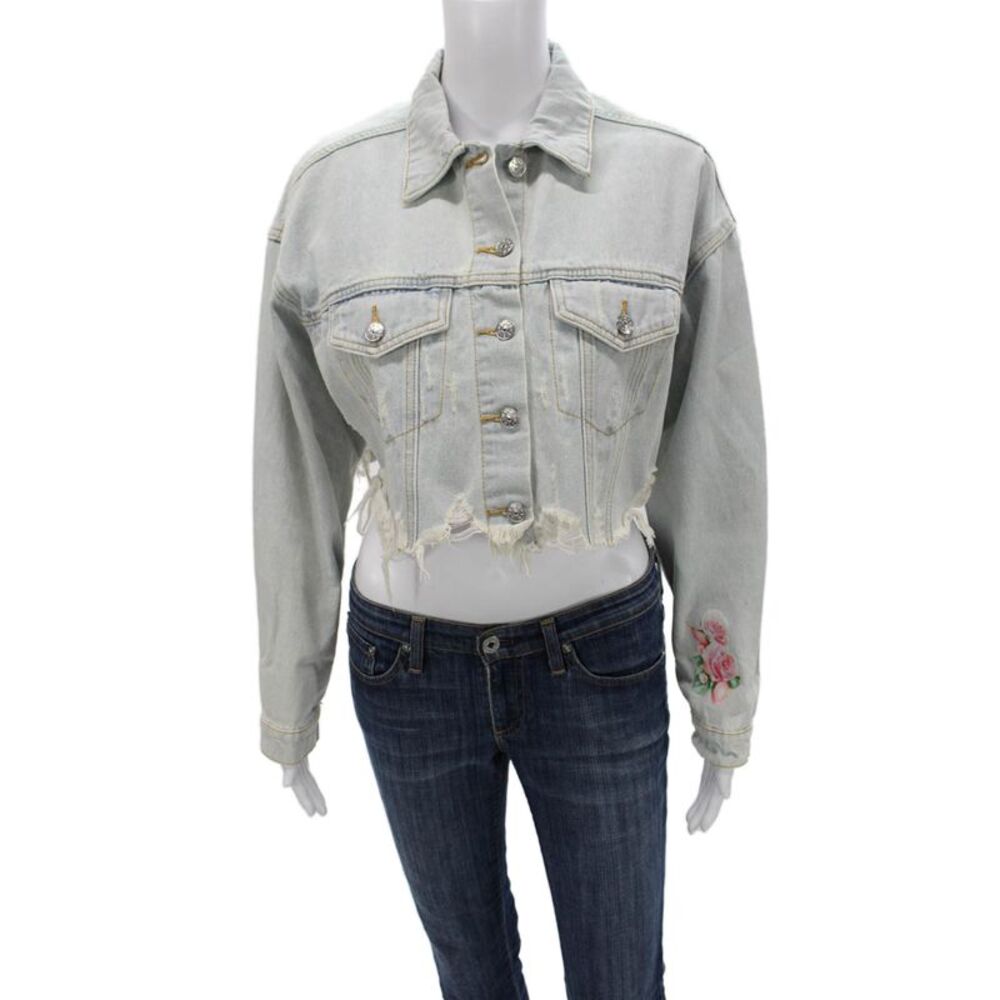 Trio Womens Basic Jacket Blue Floral Button Long Sleeve Western Size S